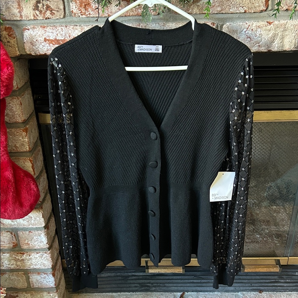 NWT Madison Black/Sliver Button Down Cardigan Sheer Embellished‎ Sleeves Size M